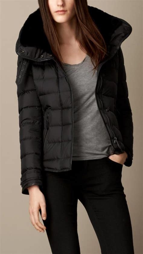 burberry down-filled puffer jacket with shearling top collar|Burberry check cropped puffer jacket.